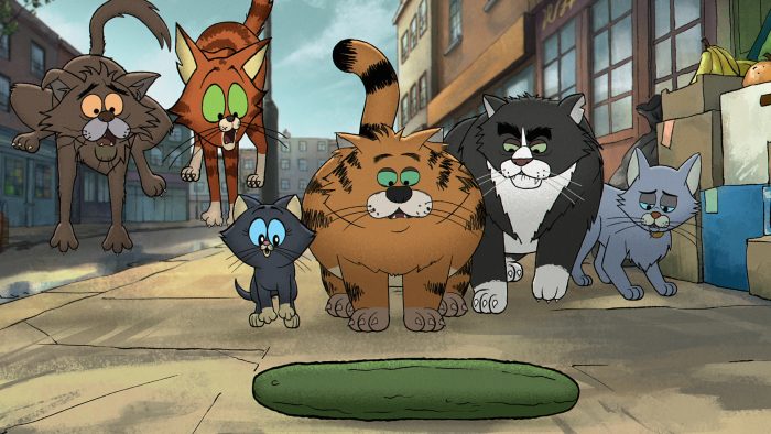 Alley Cats. (L to R) David Earl as Puke, Jo Hartley as Kitten, Diane Morgan as Olive, Ricky Gervias as Gus, Andrew Brooke as Fang, Tom Basden as Ponce, in Alley Cats. Cr. Courtesy of Netflix © 2026