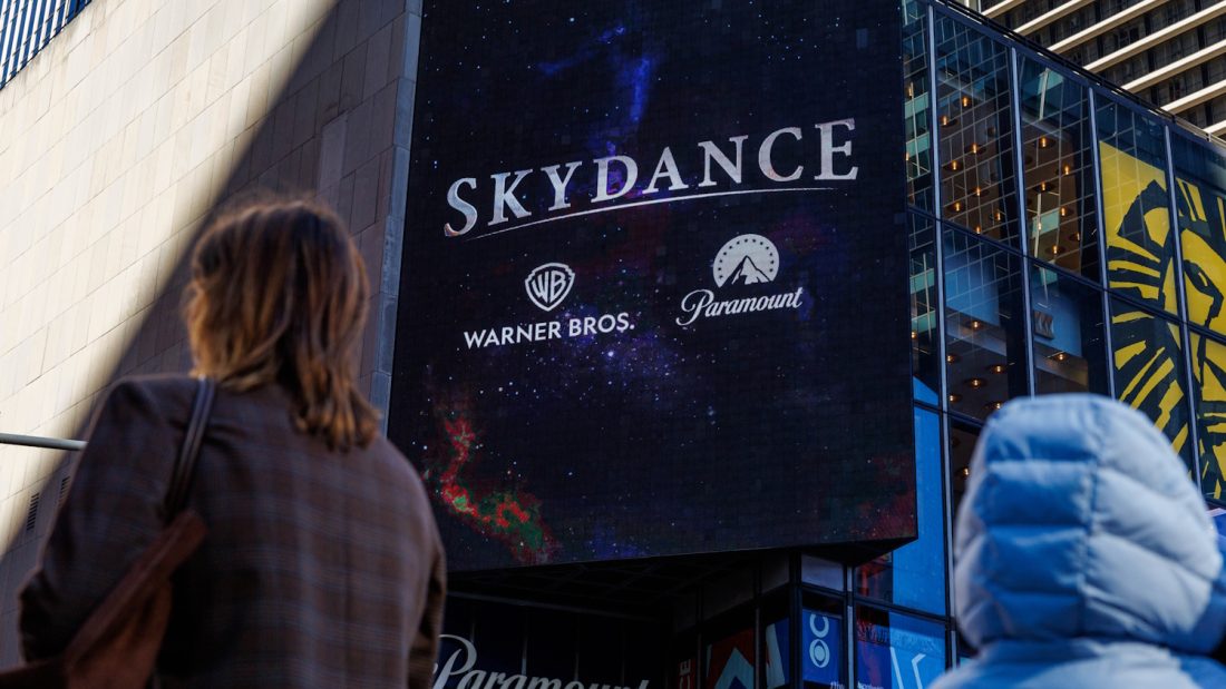 NEW YORK, NEW YORK - OCTOBER 6: A Skydance billboard outside of Paramount Global headquarters in Times Square, on October 6, 2026 in New York, New York. Paramount's $110 billion acquisition of Warner Bros. Discovery closed Tuesday. The new company is called Skydance and trades under the ticker "SKYD." (Photo by Adam Gray