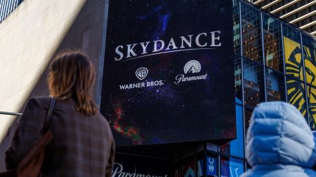 NEW YORK, NEW YORK - OCTOBER 6: A Skydance billboard outside of Paramount Global headquarters in Times Square, on October 6, 2026 in New York, New York. Paramount's $110 billion acquisition of Warner Bros. Discovery closed Tuesday. The new company is called Skydance and trades under the ticker "SKYD." (Photo by Adam Gray
