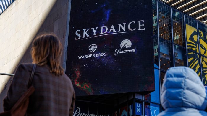 NEW YORK, NEW YORK - OCTOBER 6: A Skydance billboard outside of Paramount Global headquarters in Times Square, on October 6, 2026 in New York, New York. Paramount's $110 billion acquisition of Warner Bros. Discovery closed Tuesday. The new company is called Skydance and trades under the ticker "SKYD." (Photo by Adam Gray